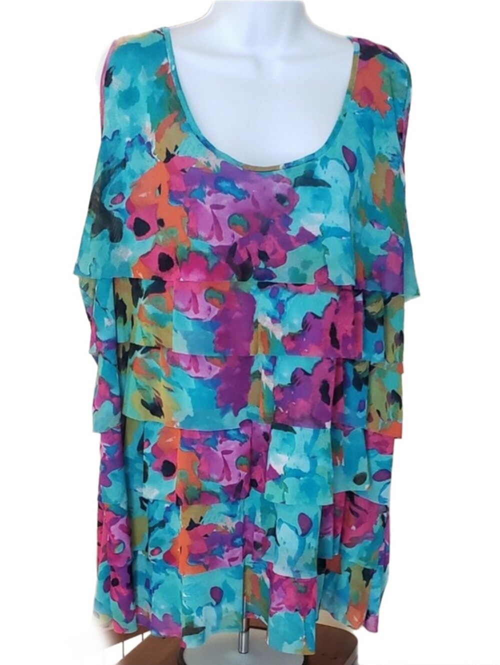 Fashion Bug, Tiered Scoop-Neck Women's Top, Aqua Multi, 26-28